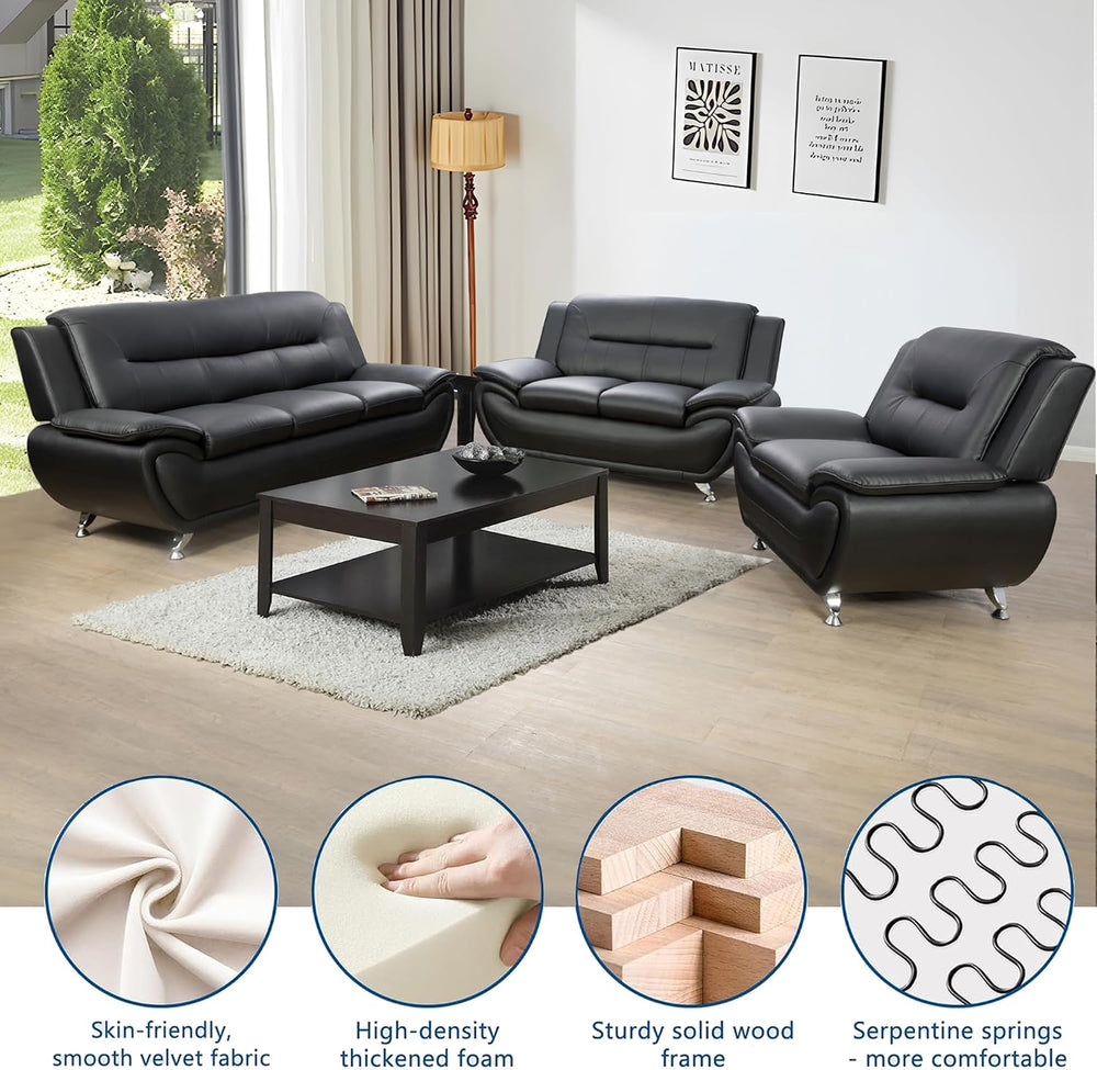 3 Pieces Living Room Sofa Set, Faux Leather Sofa Loveseat Armchair Set, Moder...