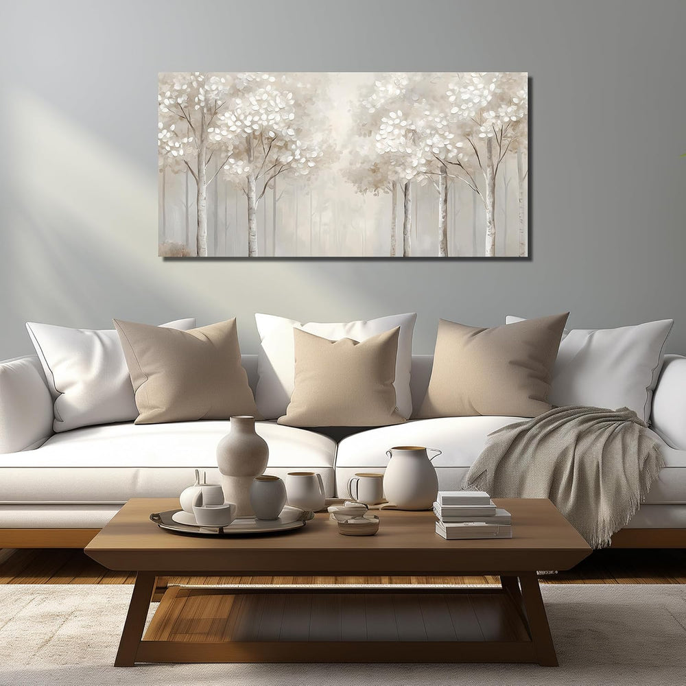 ANCXWOTER Large Forest Wall Art for Living Room Light Grayish-White Misty Bir...