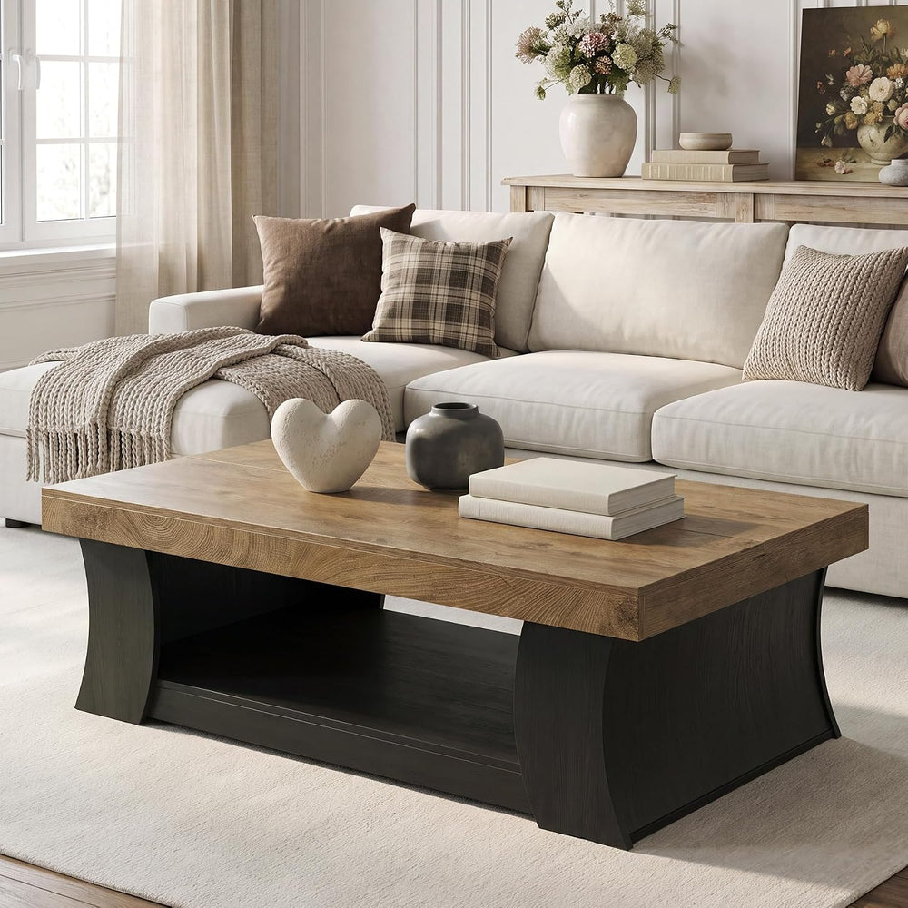 LITTLE TREE 55" Coffee Table, Living Room Table with Storage Shelf, Wood...