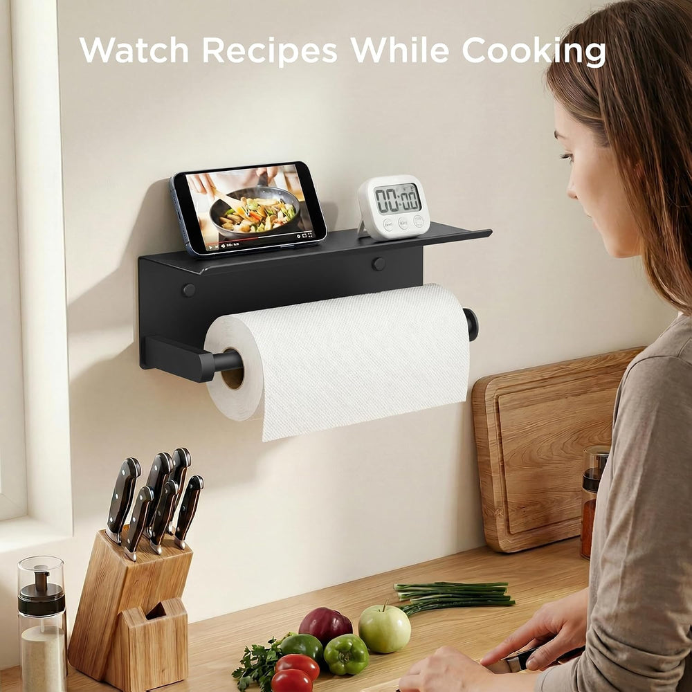 FORIOUS Wall Mount Paper Towel Holder with Shelf for Kitchen, Matte Black