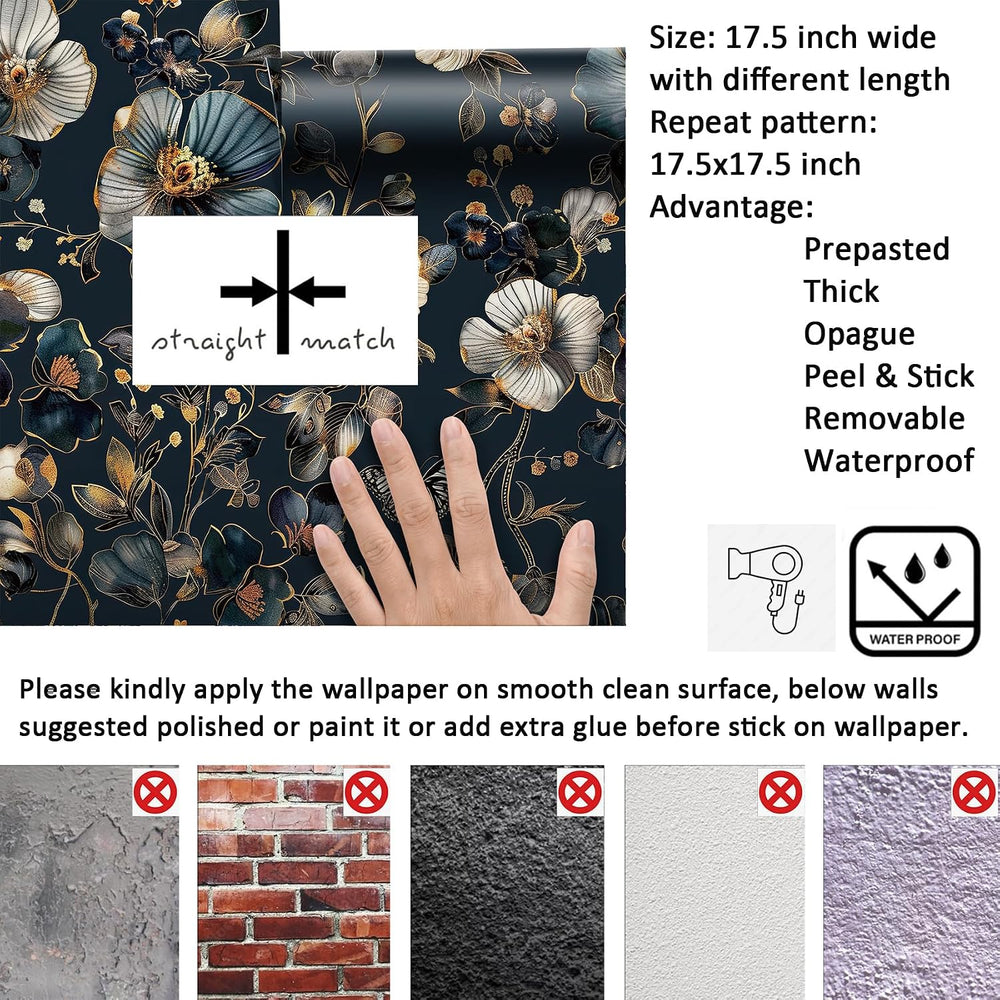 Livelynine 17.5x591 Navy Blue Flower Peel and Stick Wallpaper Vintage Dark Bl...