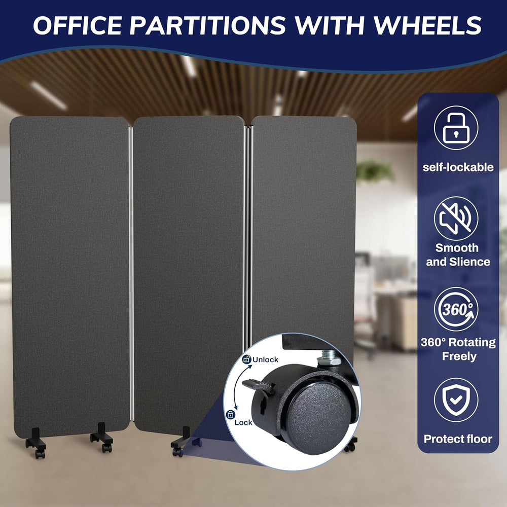 3 Panel Foldable Office Partitions, Mobile Cubicle Wall with Wheels