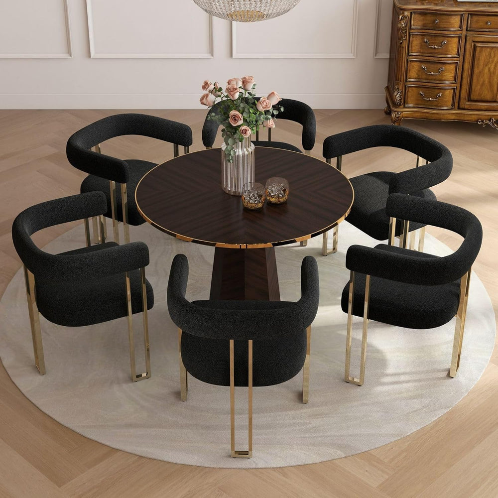 Hyfirm Set of 6 Modern Black Boucle Dining Chairs with Gold Metal Legs, Mid C...