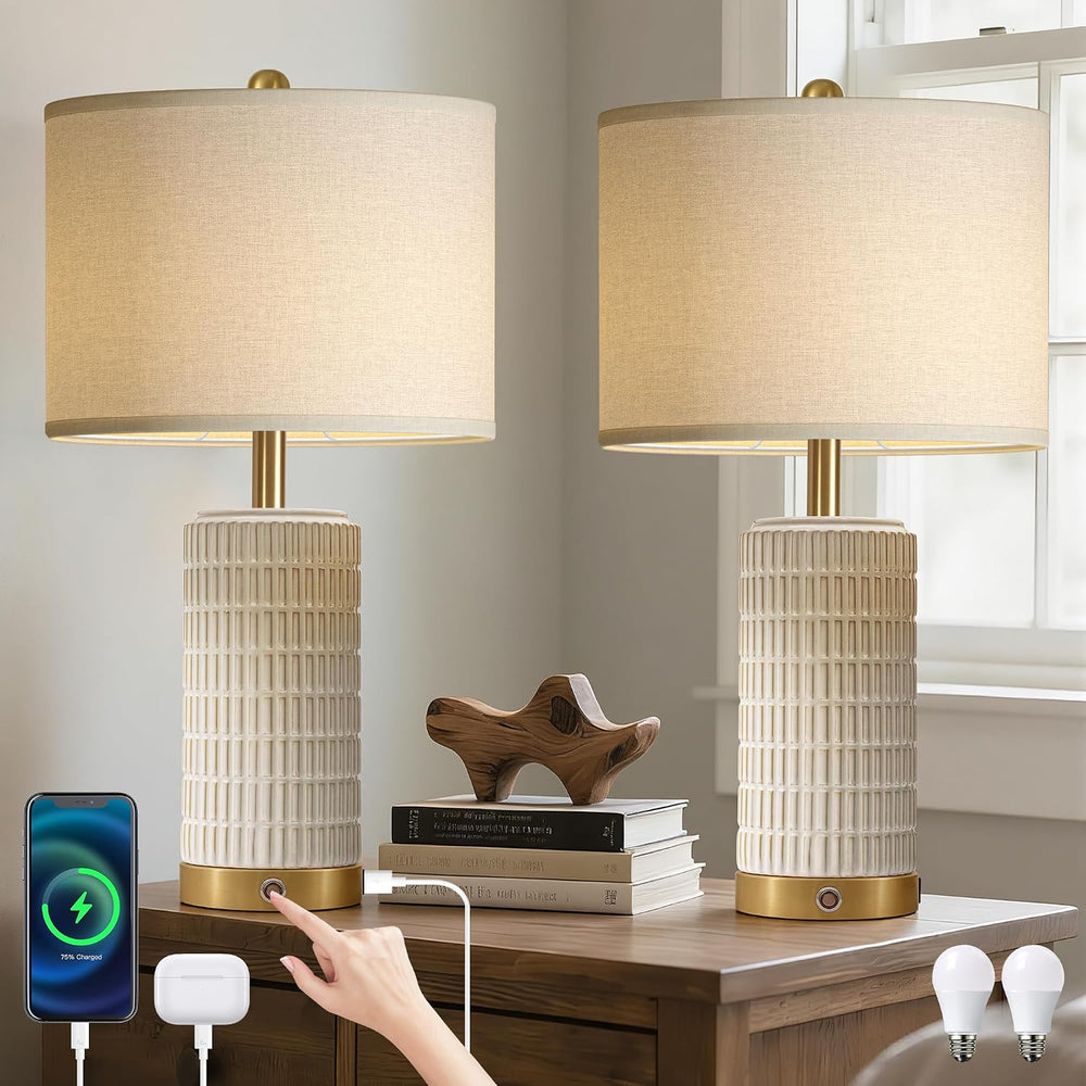 25" Ceramic Touch Table Lamp Set of 2 for bedroom and Living Room White