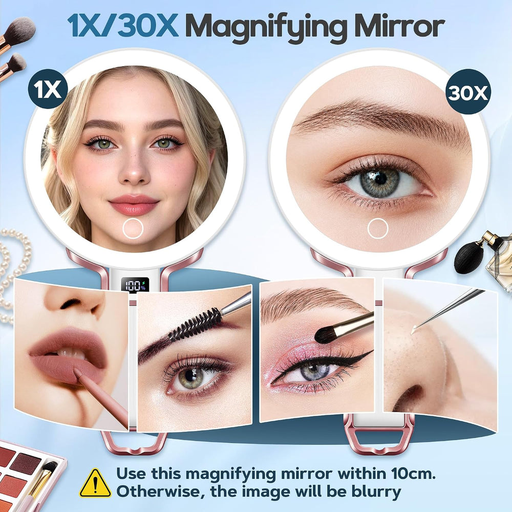 30X Travel Magnifying Mirror with Light, Height Adjustable Vanity Mirror with...