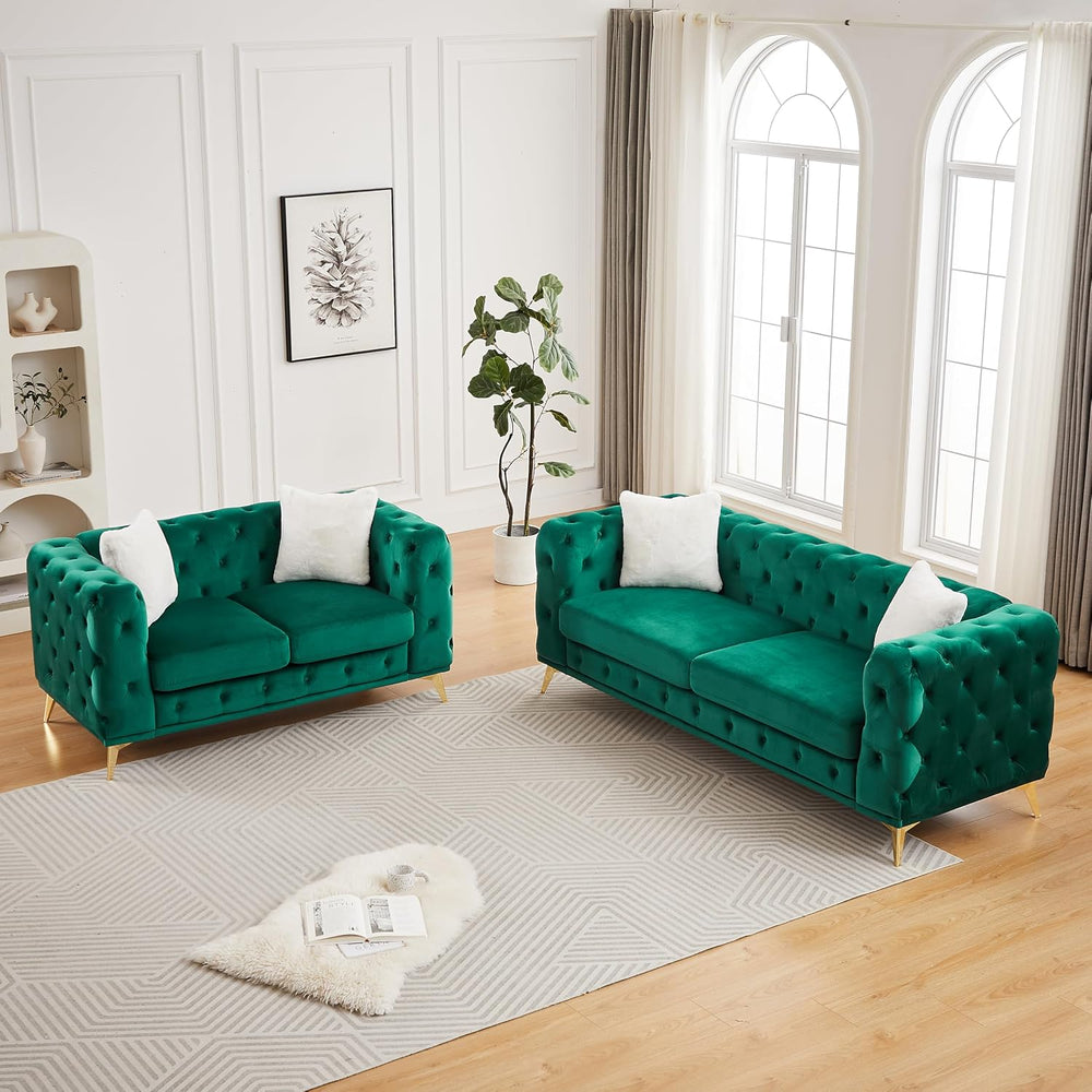 KEIKI 2-Piece Luxury Chesterfield Sofa Set with 1 Velvet 3-Seater Sofa & ...
