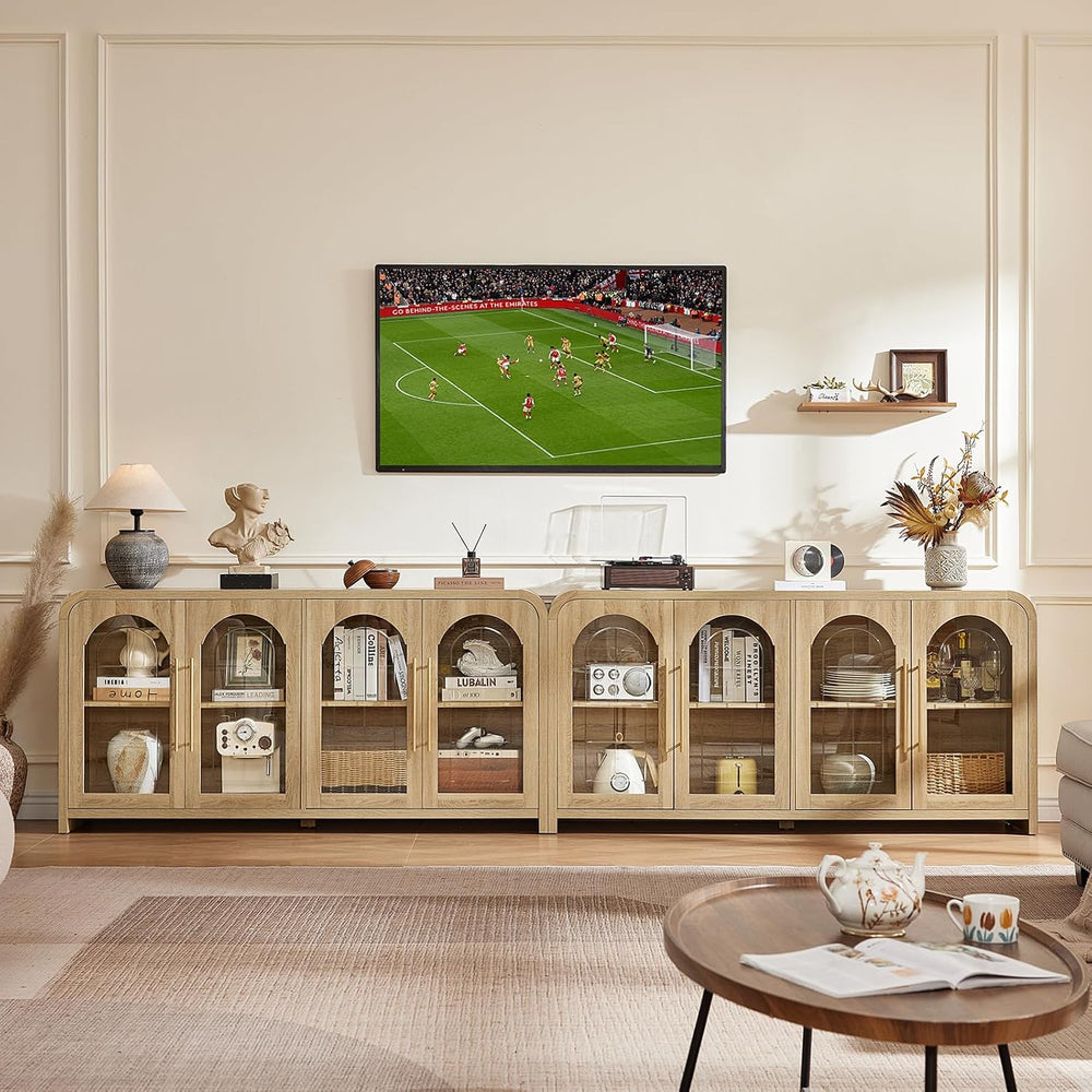 65" Sideboard Buffet Cabinet with Arched Glass Doors, Natural