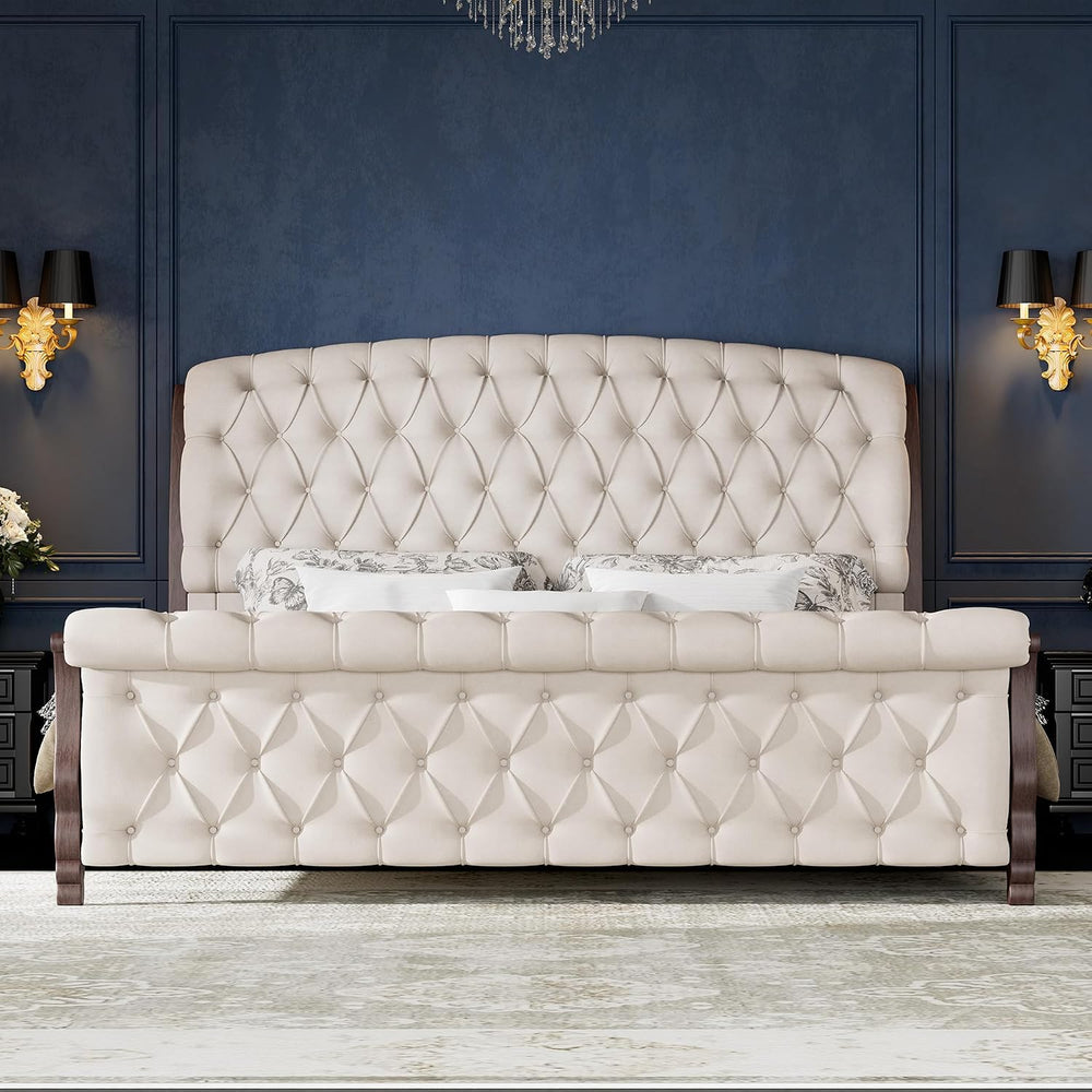 AMERLIFE King Sleigh Bed Frame, Upholstered Tufted Headboard, Cream