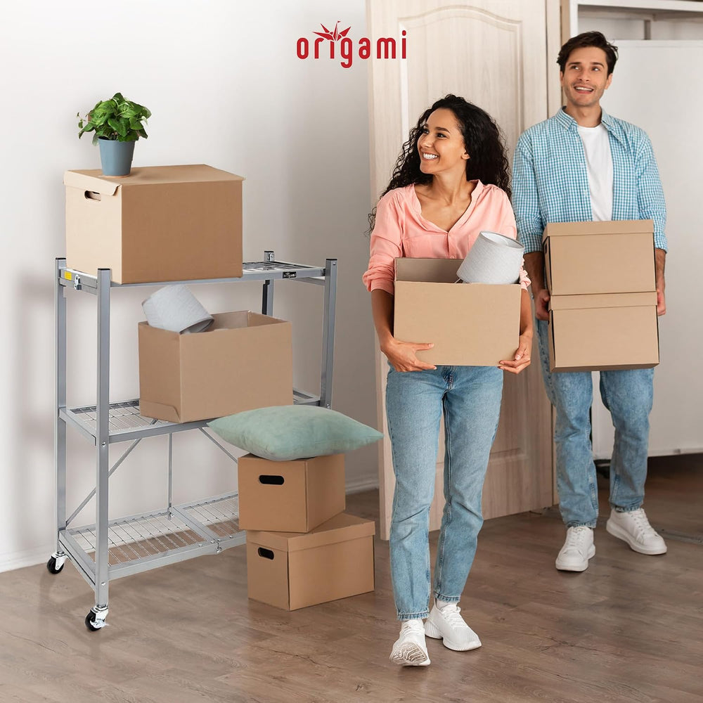 Origami R3 3-Tier Foldable Storage Rack with Wheels, Platinum