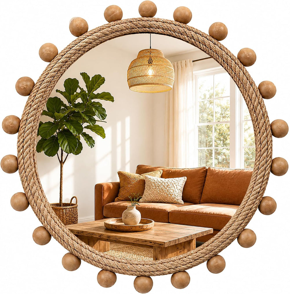 30" Round Jute Rope Wall Mirror with 2-Inch Rubberwood Beads