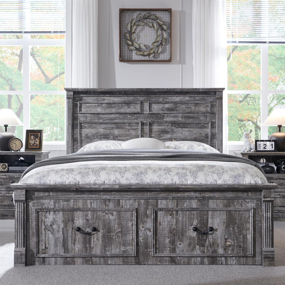 Aitjunz Farmhouse Queen Size Bed Frame w/51 Tall Headboard, Light Grey