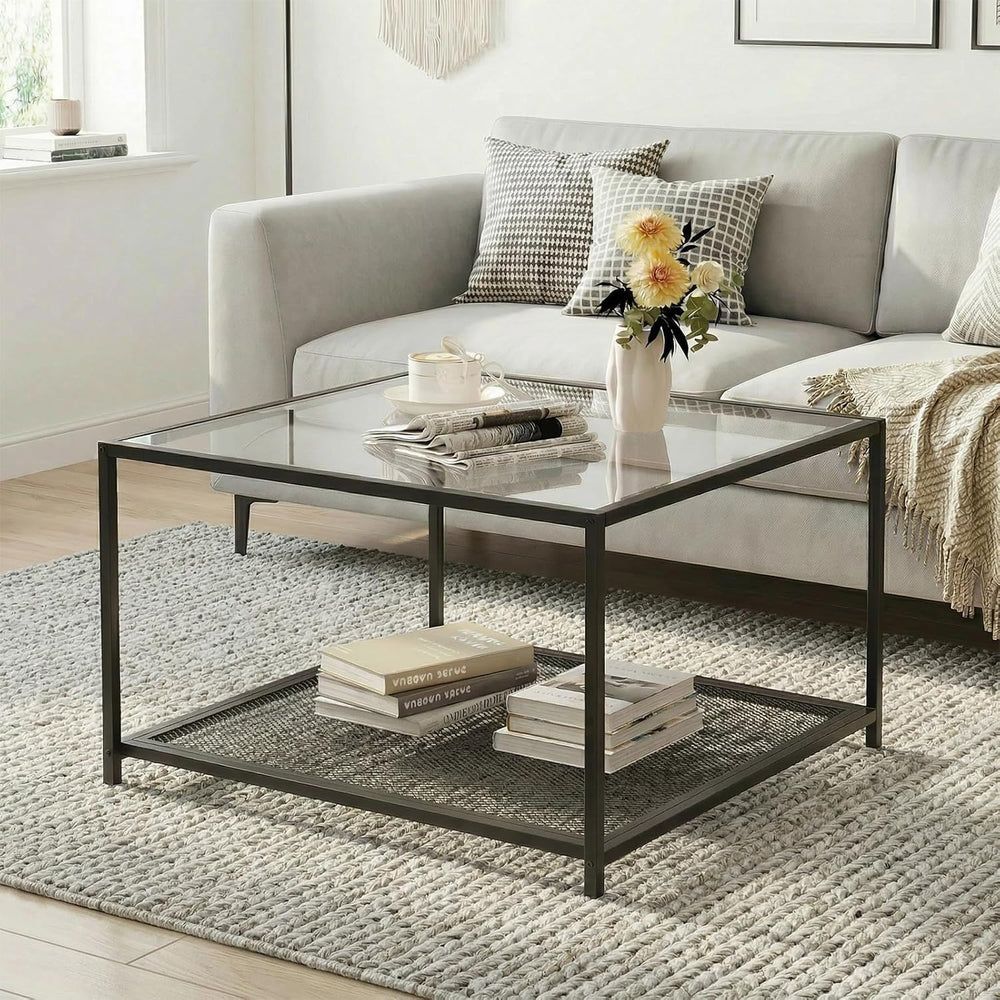 Black Glass Coffee Table, Square Coffee Tables with Storage Shelf, Simple Tea...