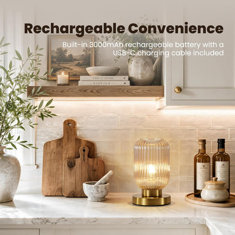 6" MCM Cordless Rechargeable Amber Glass Table Lamp, Touch Dimmable