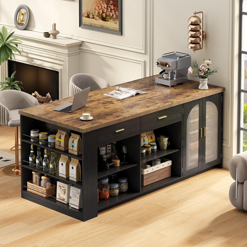 IBF 71" Large Kitchen Island with Storage and Seating, Rustic Brown &...