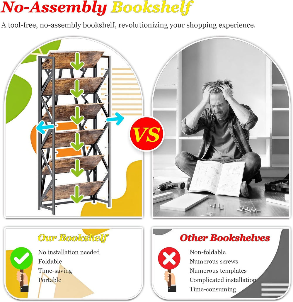 UDD No Assembly Folding Bookshelf, 61.9" H x 23.6" W, 6 Tier Foldab...