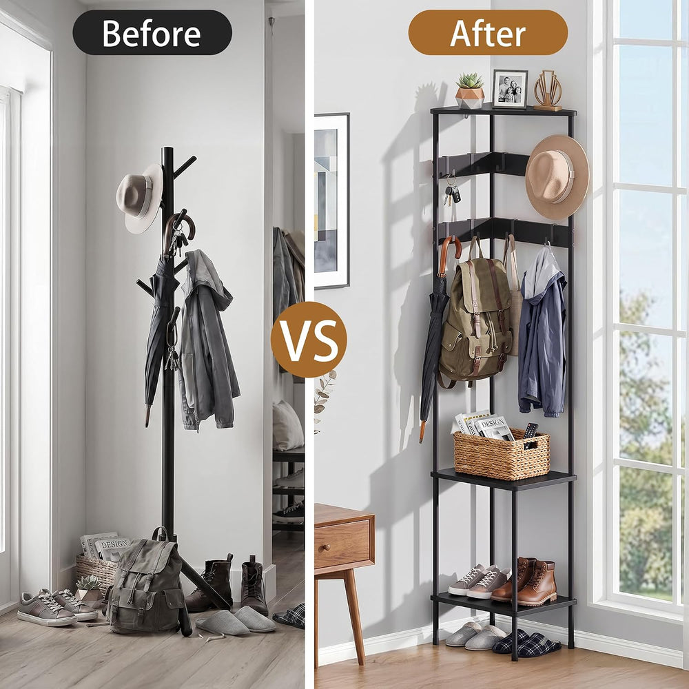 Corner Coat Rack Freestanding with Shelves and 8 Hooks, Black