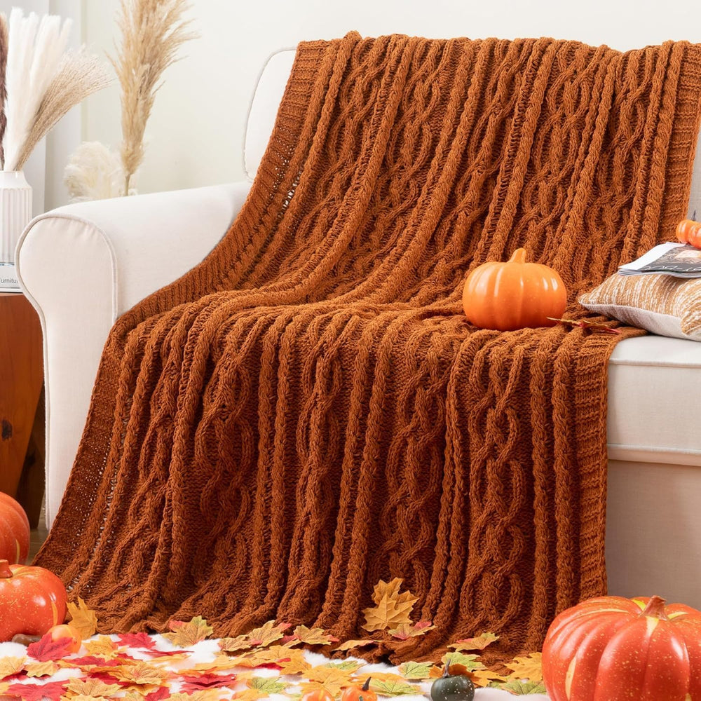 Battilo Rust Orange Throw Blanket for Couch, 51" x 67", Cable Knit ...