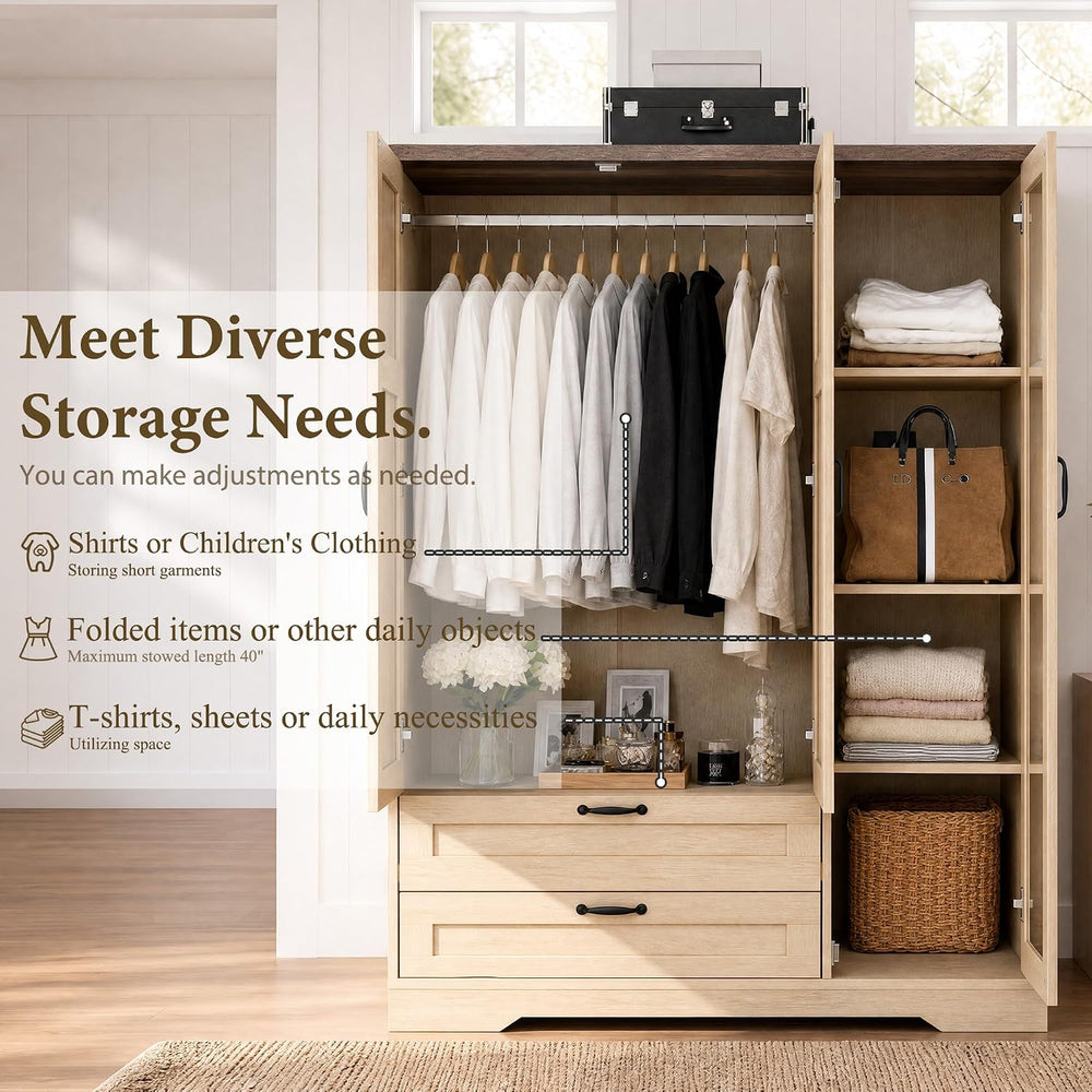 Yechen 62" Wooden Armoire Wardrobe Closet with 3 Doors & 2 Drawers, ...