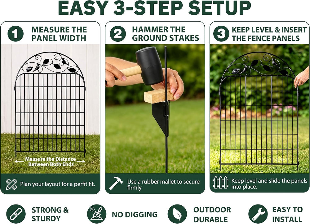 Decorative Garden Fence, 32in H x 12ft L Arched Metal Animal Barrier Fence, R...
