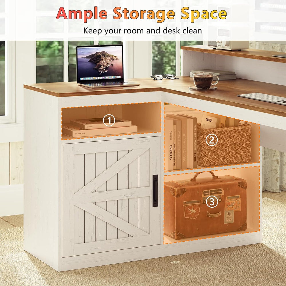 63" Farmhouse L Shaped Desk with Drawers and Printer Stand for Home Office