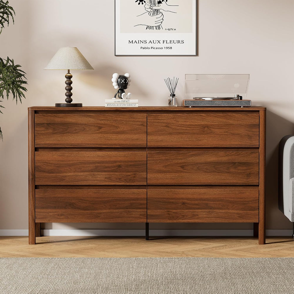 Furniway 55.1" Wide 6 Drawer Wood Dresser for Bedroom with Legs, Walnut