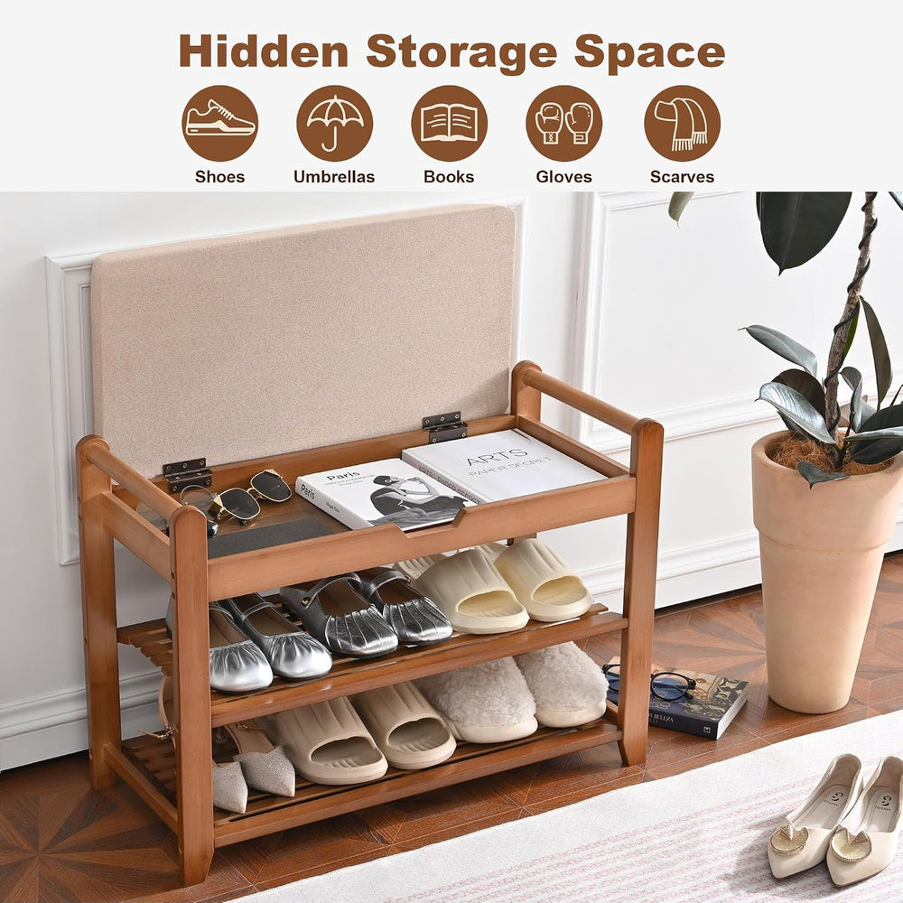 27.6in Shoe Rack with Storage Bamboo Entryway Bench with Drawer & Hooks