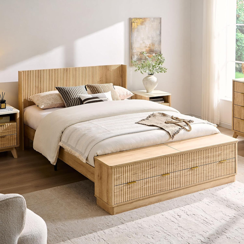 T4TREAM Fluted Queen Bed with Headboard and Storage Bench, Natural Oak