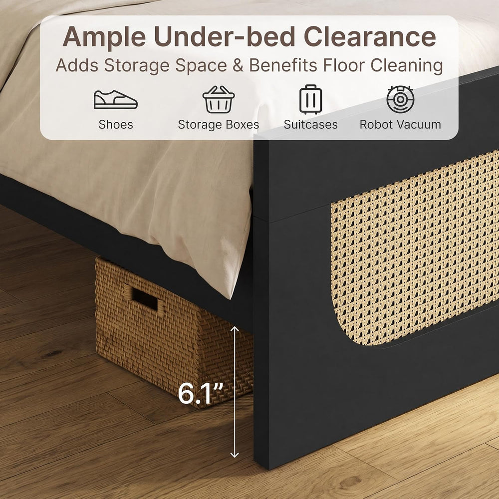 KISLOT Rattan Bed Frame with 2 Nightstands, Boho Platform, Black, Queen