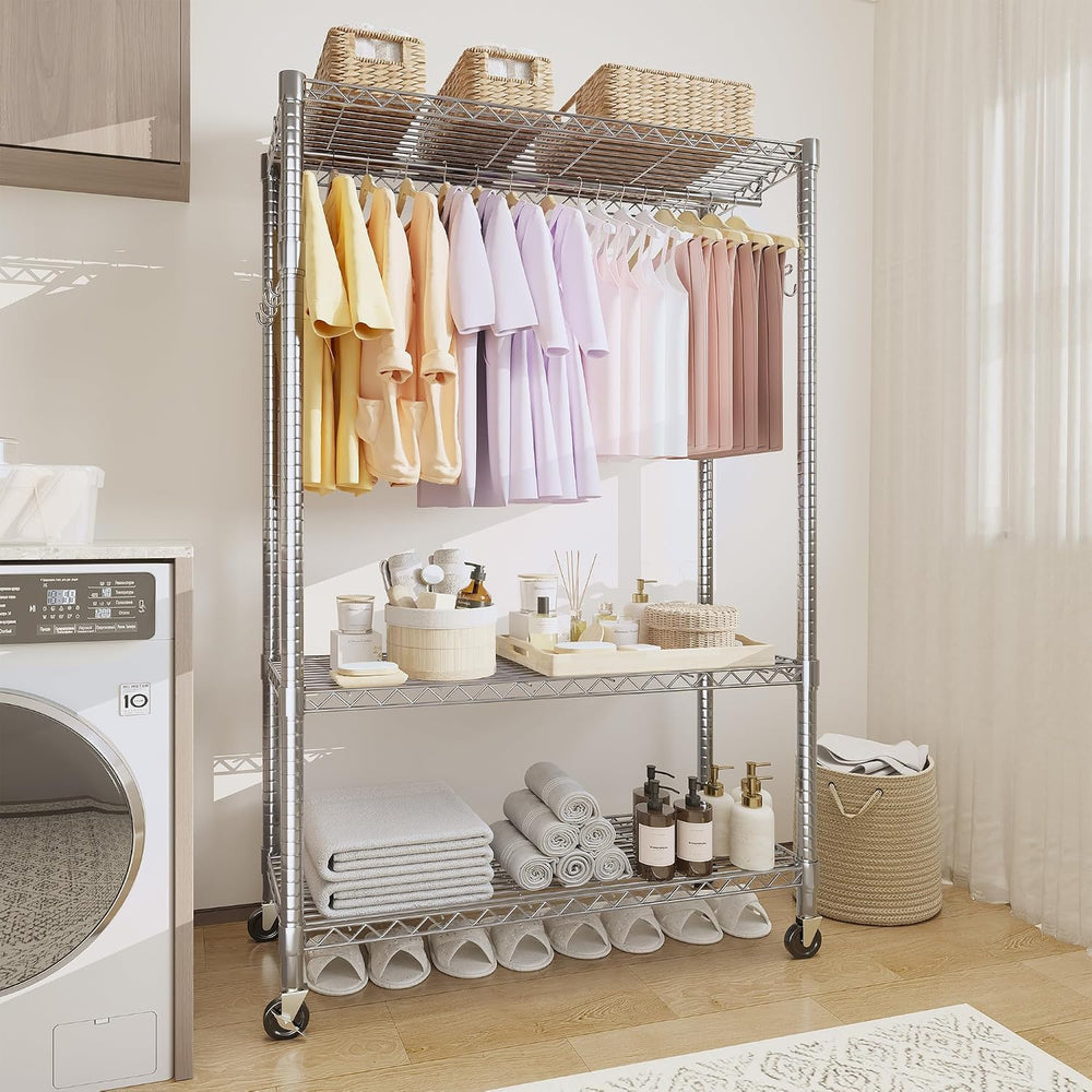 Garvee 3 Tier Clothes Rack with Wheels Portable Closets Adjustable Shelves