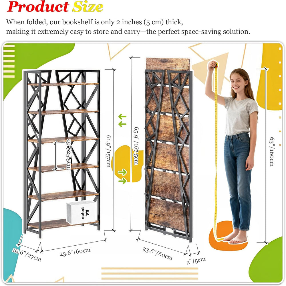 UDD No Assembly Folding Bookshelf, 61.9" H x 23.6" W, 6 Tier Foldab...