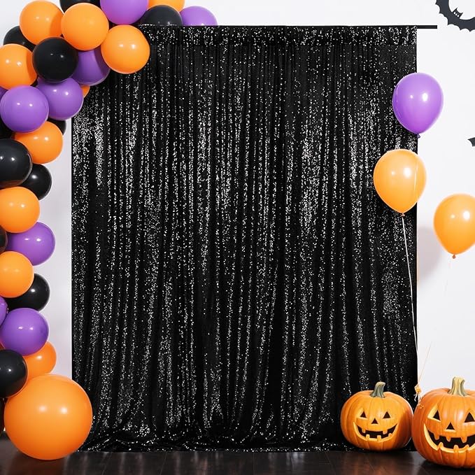 Eternal Beauty Black Sequin Backdrop, 8x8 Ft Halloween Glitter Background Cur...