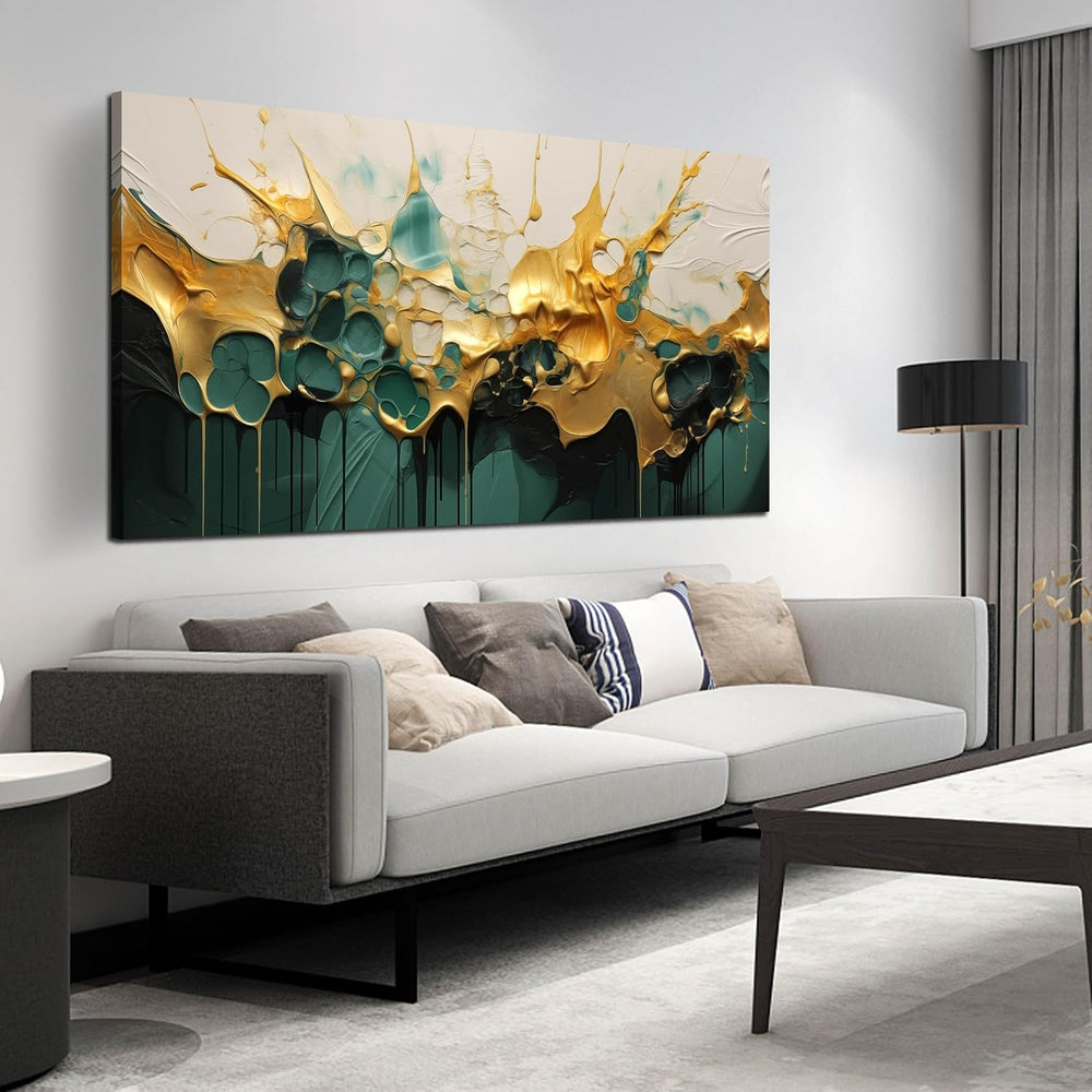 SKYRISE Abstract Teal Gold Canvas Wall Art for Living Room, Dark Green Wall-D...