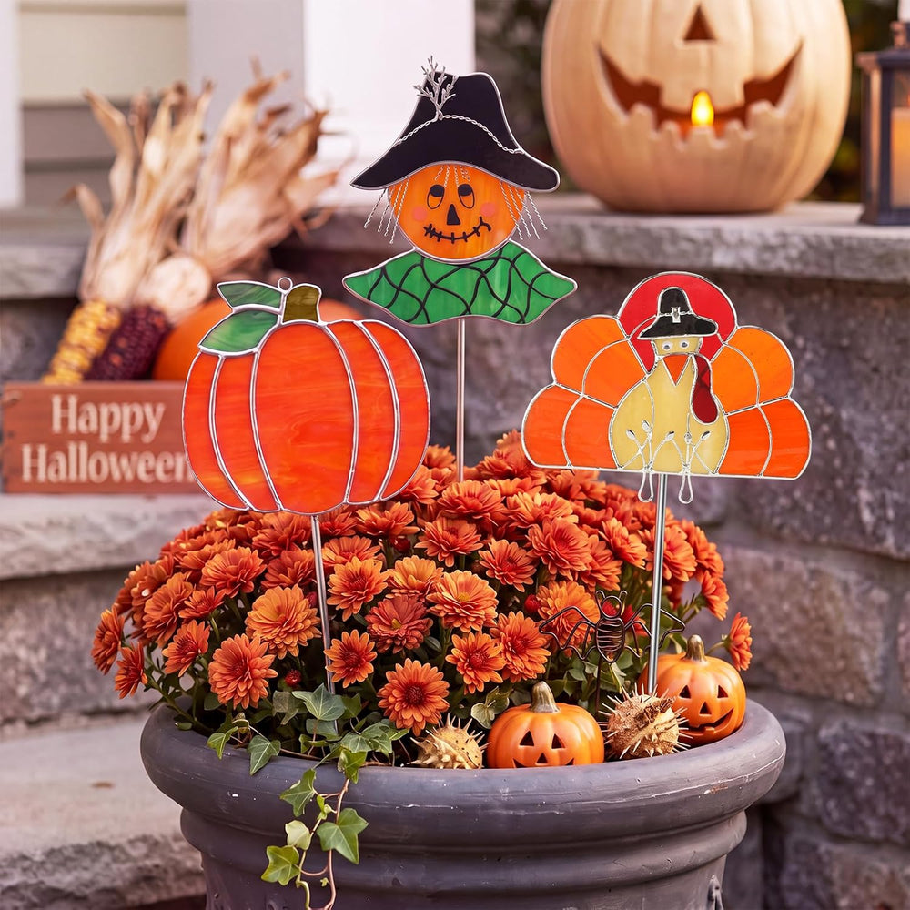 3 Pcs Fall Stained Glass Plant Stakes 9.8" Fall Decor for Pot