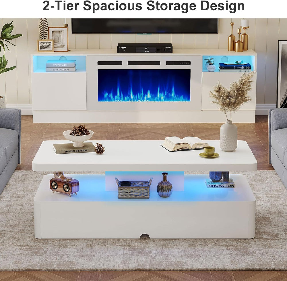 MXV 47" Modern Coffee Table with 16 Color LED Lights, 2 Tier Rectangular...