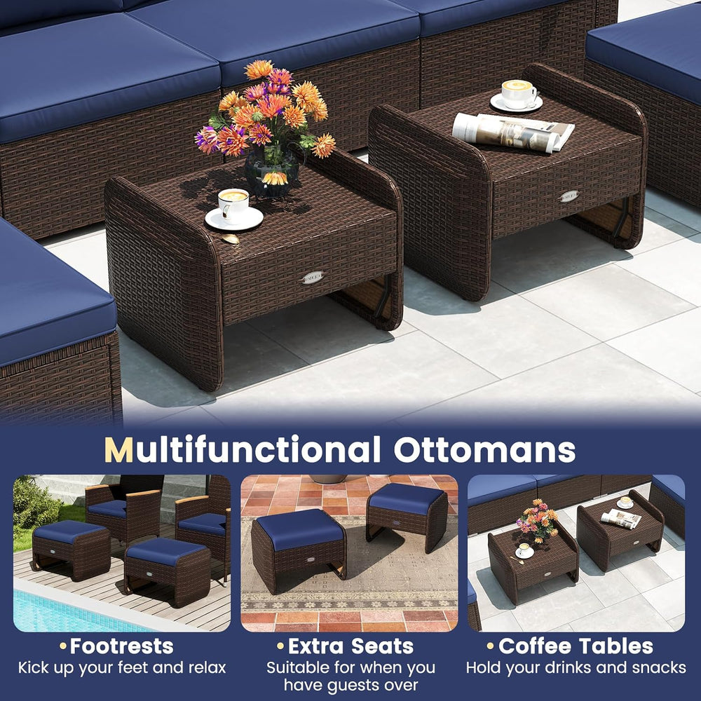 RELAX4LIFE Wicker Outdoor Ottomans for Patio - 2-Piece Rattan Footstools w/Re...