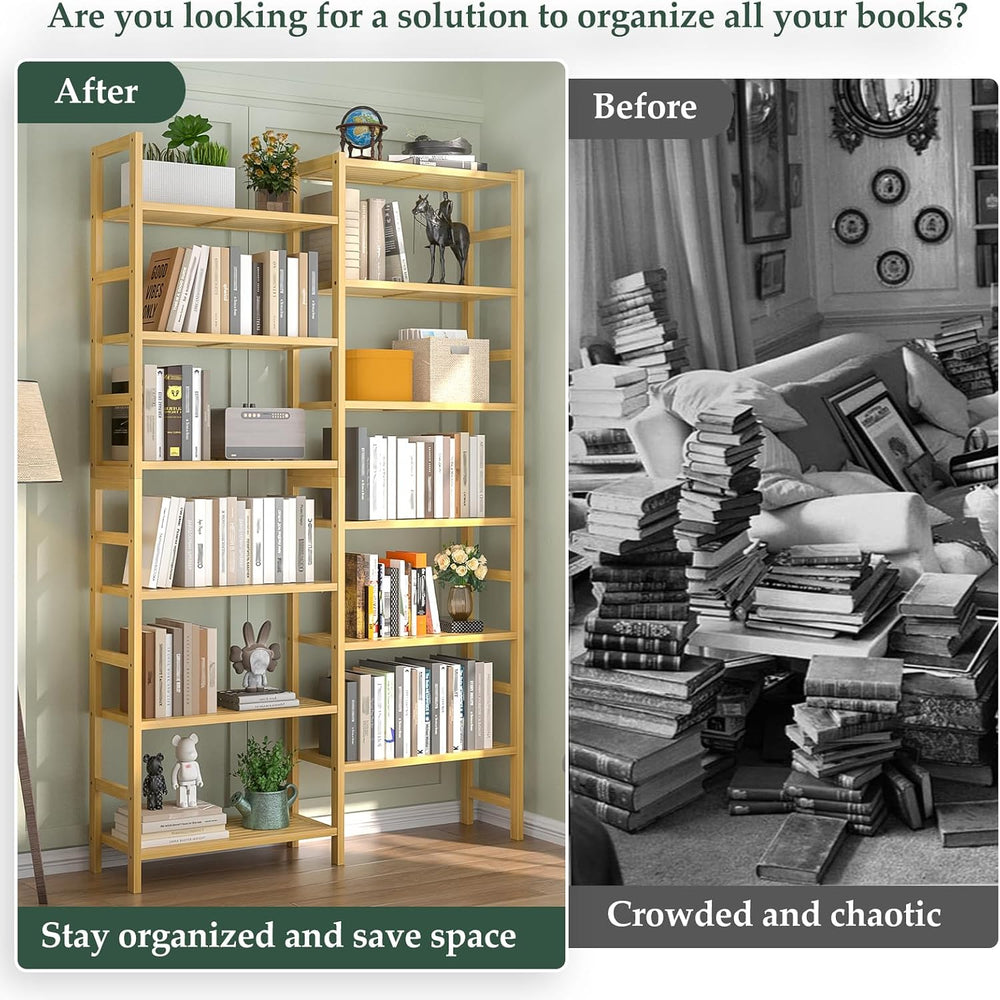Homykic 72.5” Tall Bamboo Bookshelf, 6-Tier Double Wide Open Bookcase