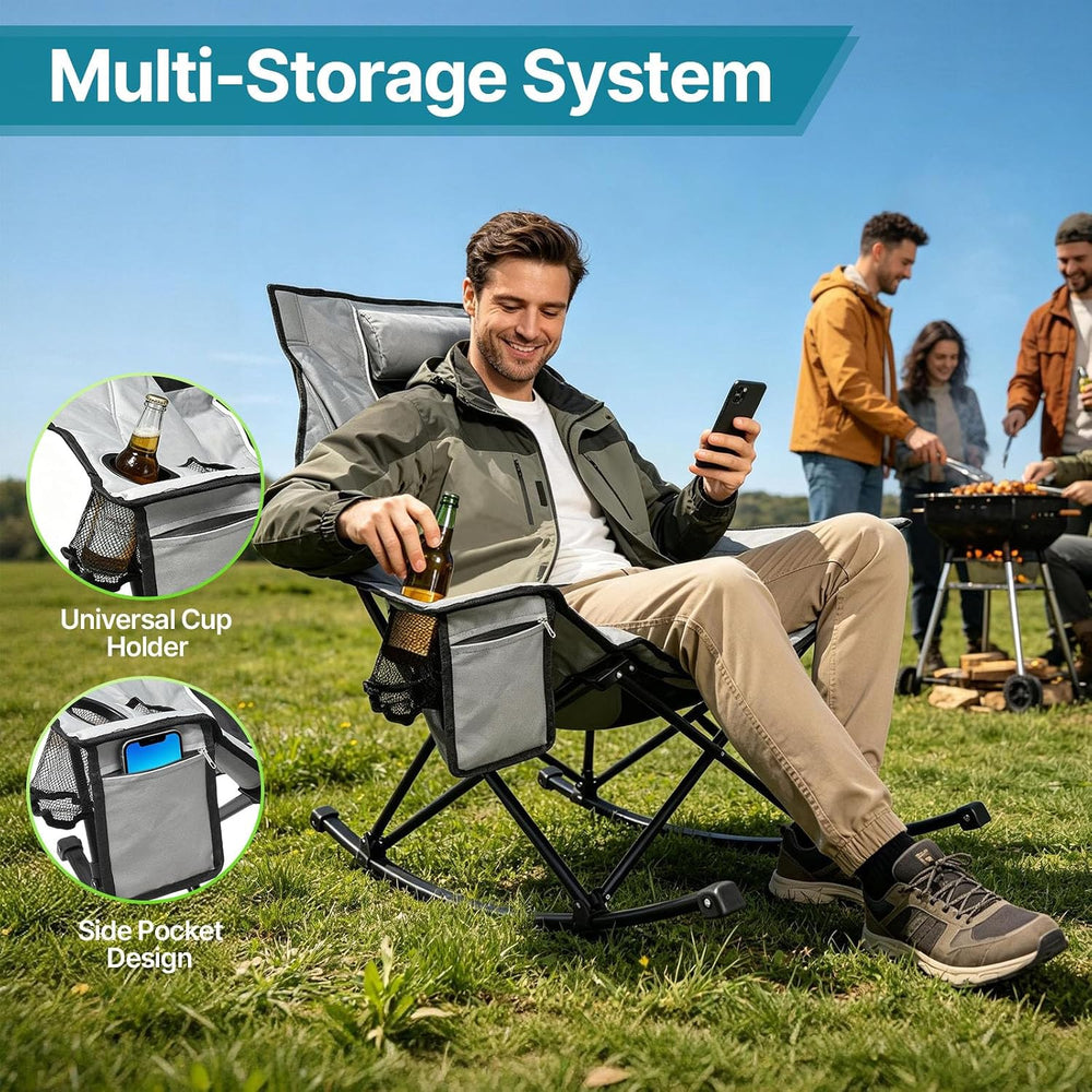 ZENPETIO Oversized Rocking Camping Chair, Folding Rocker Chairs, Gray Black
