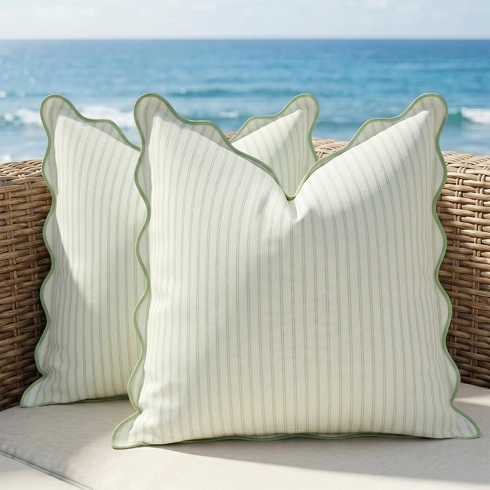 DEZENE 18x18 Green Outdoor Pillow Covers Pack of 2, Striped Scalloped Coastal...