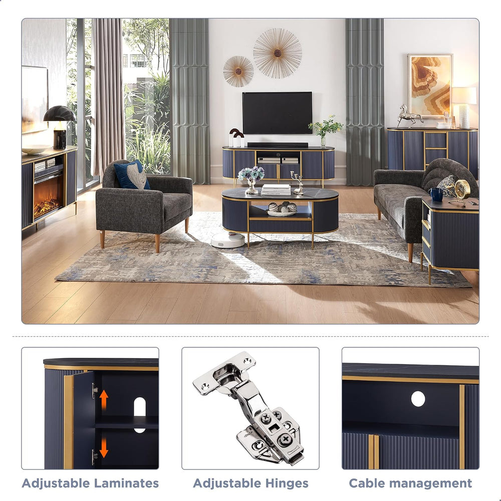 OKD 70" Fluted TV Stand with Storage, Faux Marble Top Entertainment Cent...