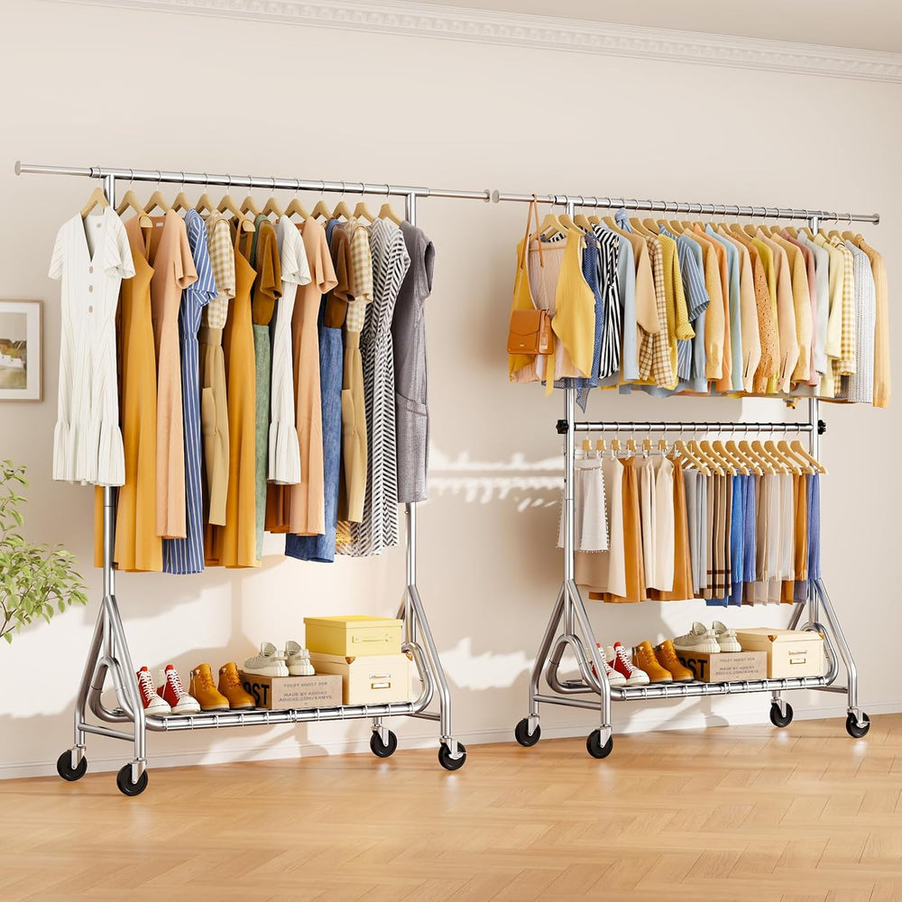 Heavy Duty Clothes Rack for Hanging Clothes, Double Rods Clothing Rack with L...