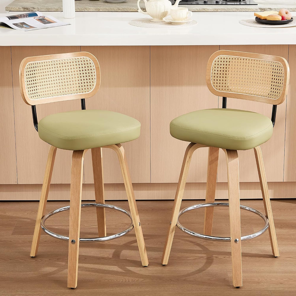KEEZY Natural Rattan Bar Stools Set of 2, 26 Inch Counter Height Barstools wi...