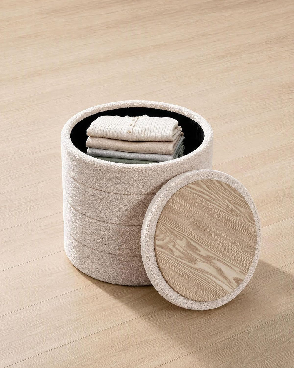 B FSOBEIIALEO Folding Storage Ottoman, Round Sherpa Ottomans, Beige