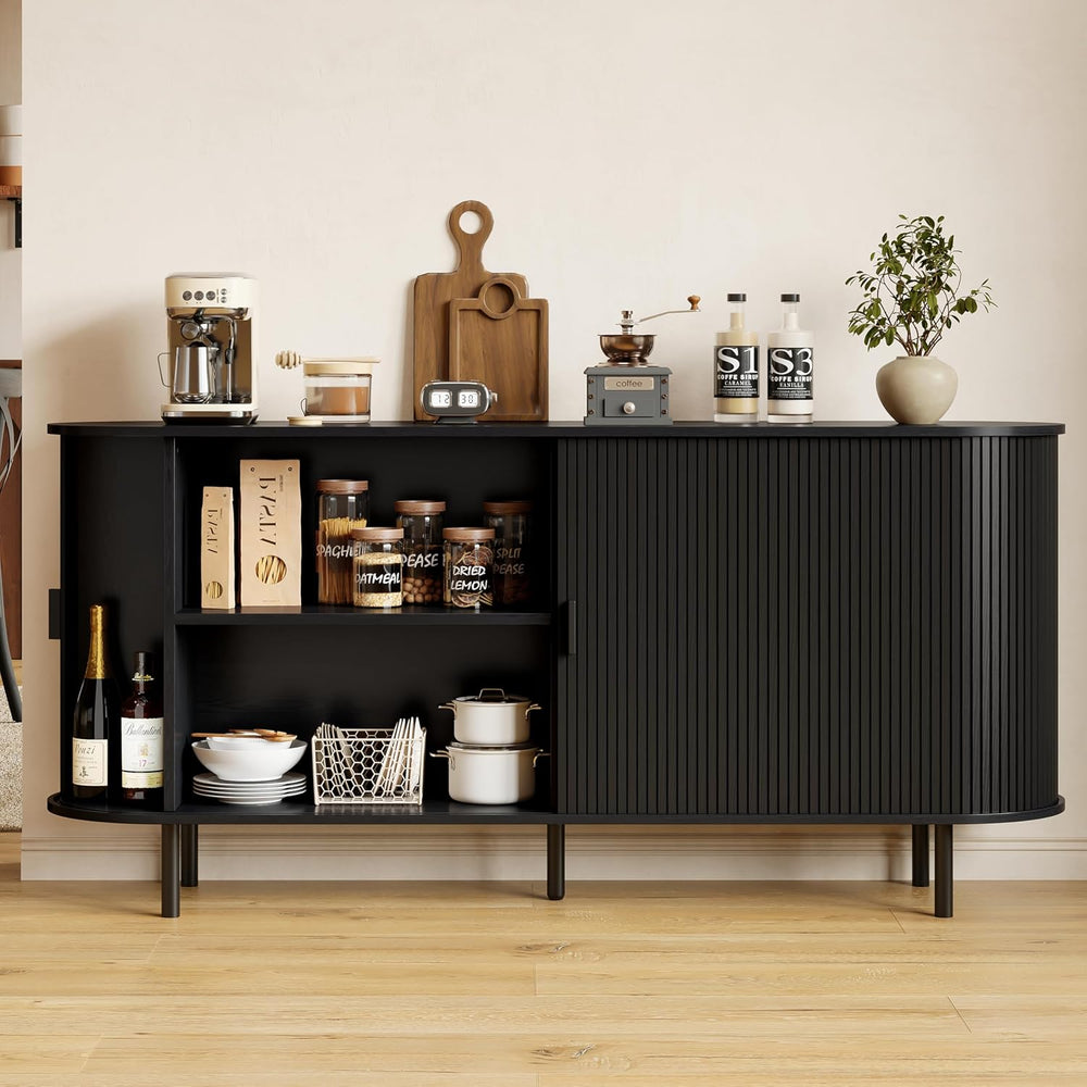 ComfyCorner 63" Fluted Buffet Sideboard Cabinet with Sliding Door, Black