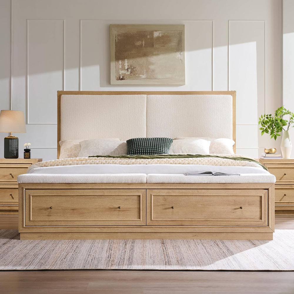 ACCOHOHO King Bed Frame w/Upholstered Headboard,Storage Bench,Natural Oak