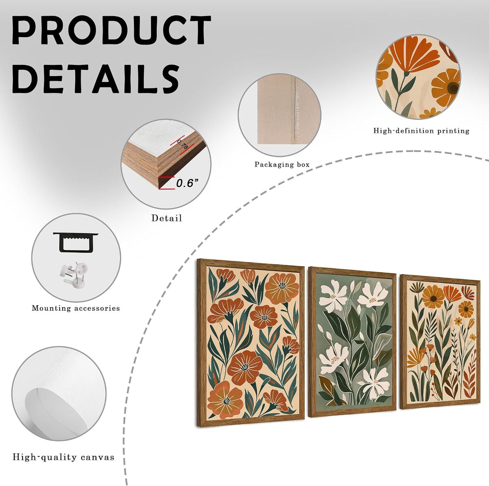 3 Piece Floral Framed Wall Art Abstract Botanical Wall Decor 12x16in