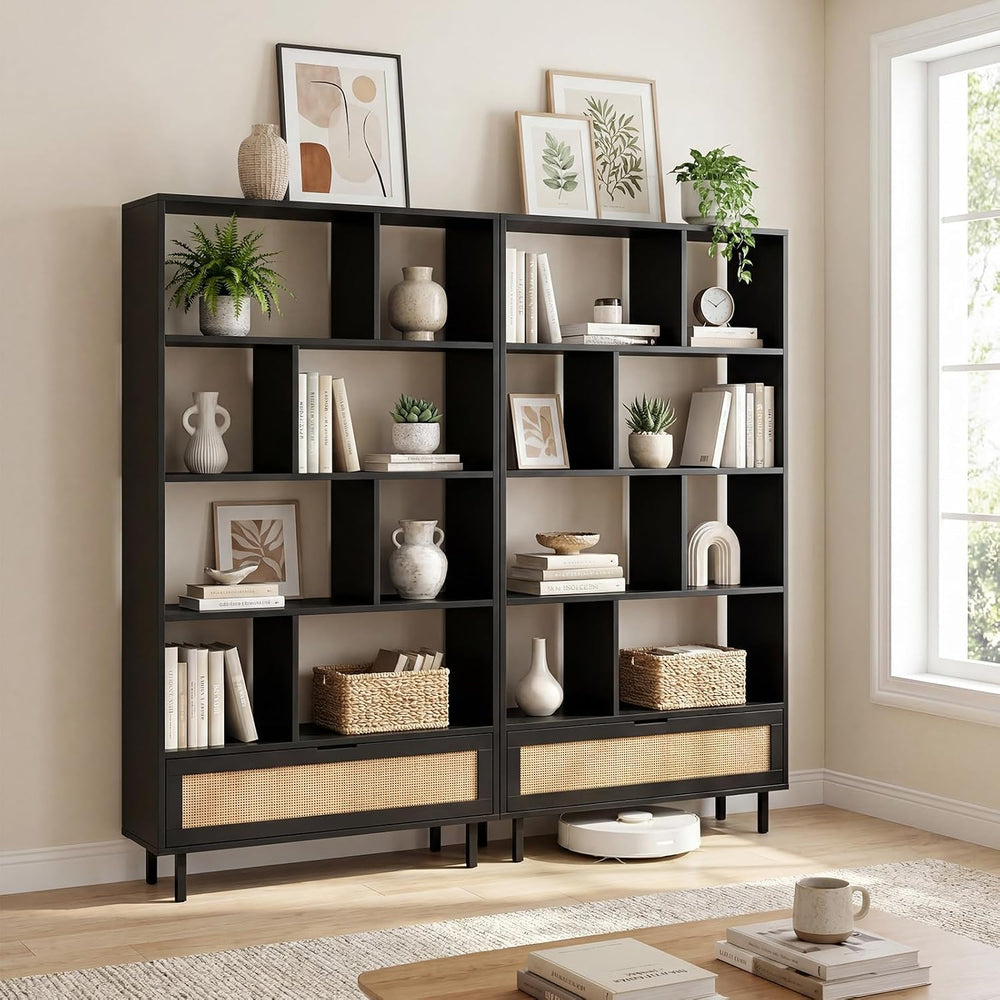 GIANTEX 64" Tall Bookshelf with Rattan Drawer, 6-Tier Wood Bookcase with...