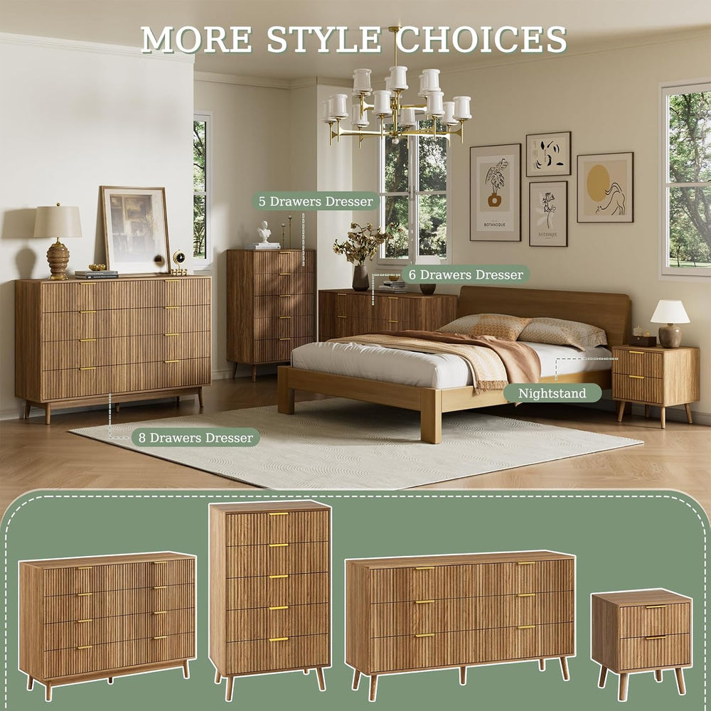 LYNSOM Fluted Dresser and Nightstand Sets 3 Piece, 6-Drawers Dresser and 1-Dr...