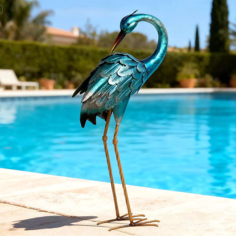 chisheen Crane Garden Statues, Metal Garden Crane Outdoor, Blue Heron Sculptu...