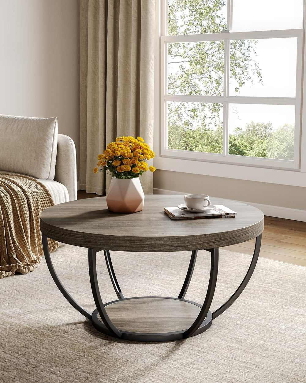 LITTLE TREE Round Coffee Table, 32" Circle Coffee Tables for Living Room