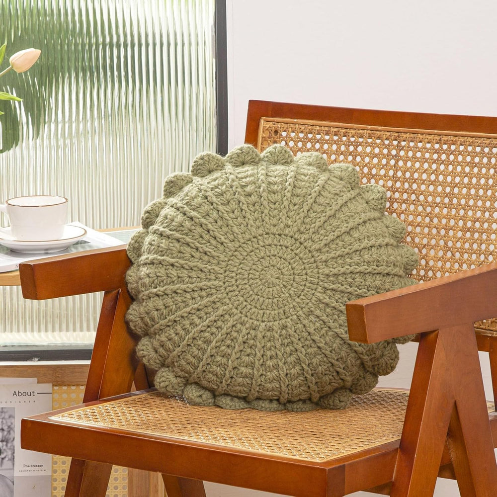 Knitted Throw Pillow Round Couch Pillow (Olive Green, 18inch)